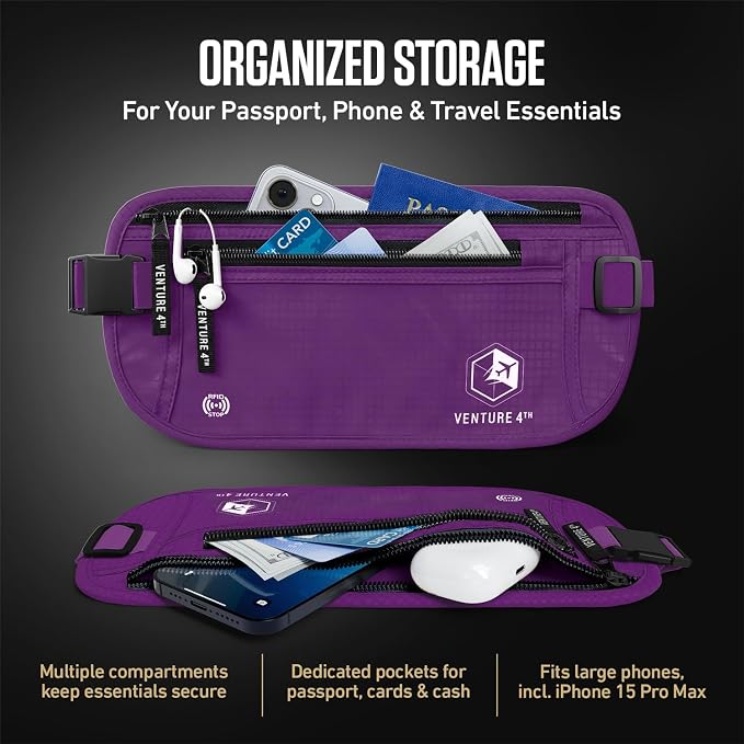 VENTURE 4TH Travel Money Belt, RFID Blocking Passport Holder - Purple - Image 5