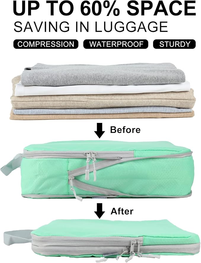 4 Set Compression Packing Cubes, Travel Luggage Organizers and Storage Packing Cubes (Green) - Image 4