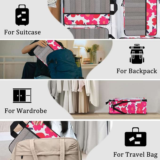 U+U 4 Set Compression Packing Cubes, Travel Organizers (Red Flower) | Space-Saving & Lightweight Travel - Image 7