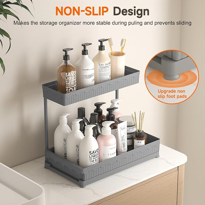 3-Pack 2-Tier L-Shaped Under Sink Organizers with Sliding Drawers | Multi-use kitchen & bathroom storage, 12.85 inch grey cabinet organizer, space-saving sliding drawer design. - Image 4