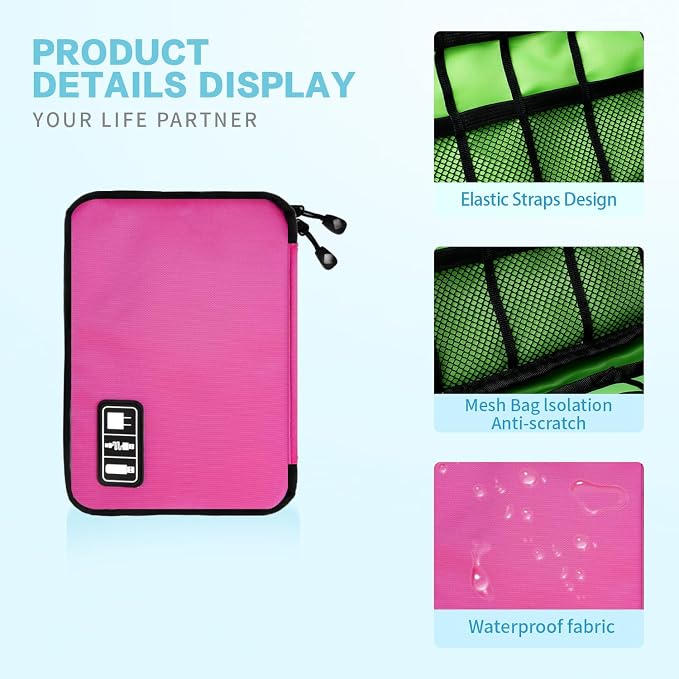 Lcsmaokin Electronics Travel Organizer,Portable Waterproof Electronic Travel Storage Bag for Small Charging Cord Storage,Charger,SD Card etc,for Travel,Business-Rose Red - Image 4