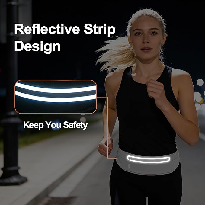 Slim Running Belt for Women Men,Phone Holder Waist Pack,Runners Fanny Pack | No-Bounce ,Sweat-Proof Pocket,Travel Money Pouch for Gym/Hiking/Cycling,Three pocket,Two Highly Reflective Strips - Image 6