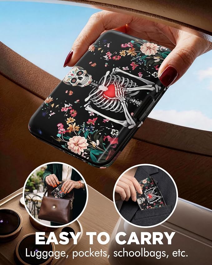 Maicican RFID Blocking Aluminum Credit Card Holder | Slim Metal Wallet for Women & Men, Business Card Case for Travel, Fits Front Pocket, Card holder wallet - Flower Skull - Image 4