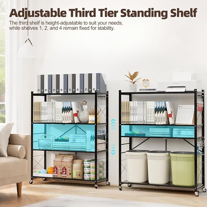 39.4" Wide 4-Tier Foldable Storage Shelves with Wheels & 20 Hooks | Heavy Duty Metal Folding Shelf Unit, No Assembly, Adjustable 3rd Shelf for Kitchen, Garage, Pantry, Bookshelf, Black - Image 4