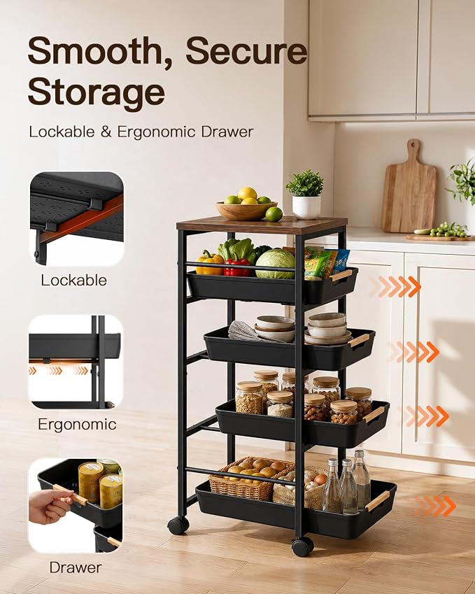 Pipishell Rolling Storage Cart with Drawers & Lockable Wheels, Black | 5 Tier Kitchen Cart with Safety Stops & Vented Design, Wood Top, Pull-Out Utility Cart for Kitchen, Home Office, Bedside - Image 2