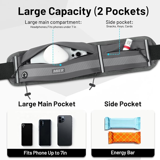 MIER Running Belt for Women & Men, Fanny Pack with Marathon Bib Clip, Gray | Slim Adjustable Phone Holder Pouch; Reflective Waist Packs for Running Essentials; Waterproof Zipper Pockets - Image 3