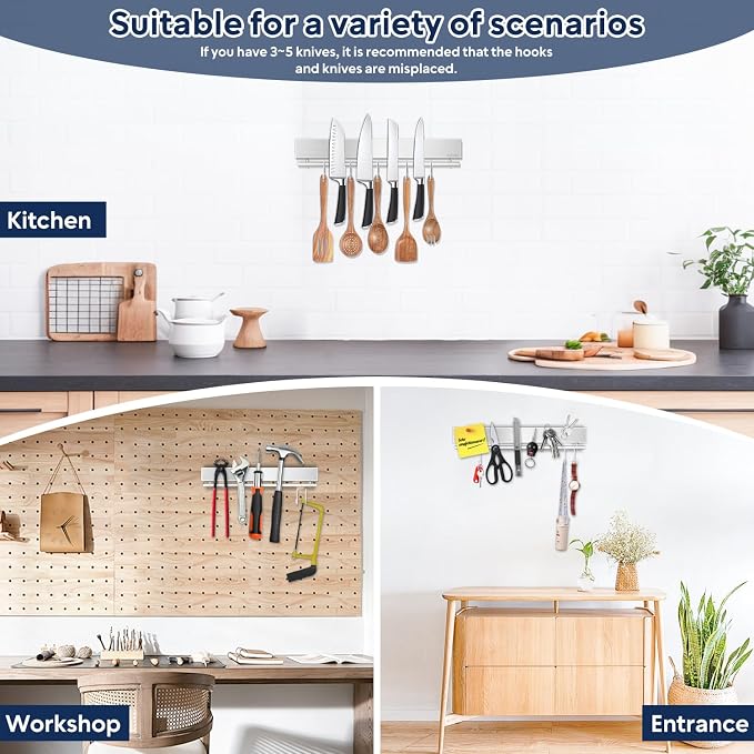 12 Inch Magnetic Knife Holder with 5 Hooks, No Drilling Wall Mount, Powerful Magnet Strip and Utensil Hanger - Image 7
