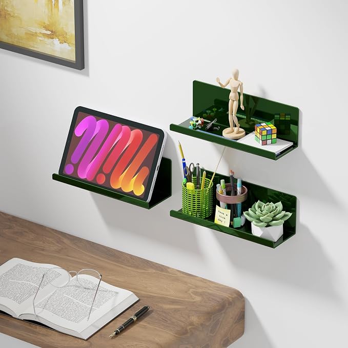 PAVSTINE Adhesive Floating Shelves for Wall No Drilling, 12 Inch Acrylic Self Adhesive Shelves, Stick on Shelves, Dorm Wall Shelf, for Bathroom, Kitchen, Bedroom, Office, Gaming Room, Green - Image 5