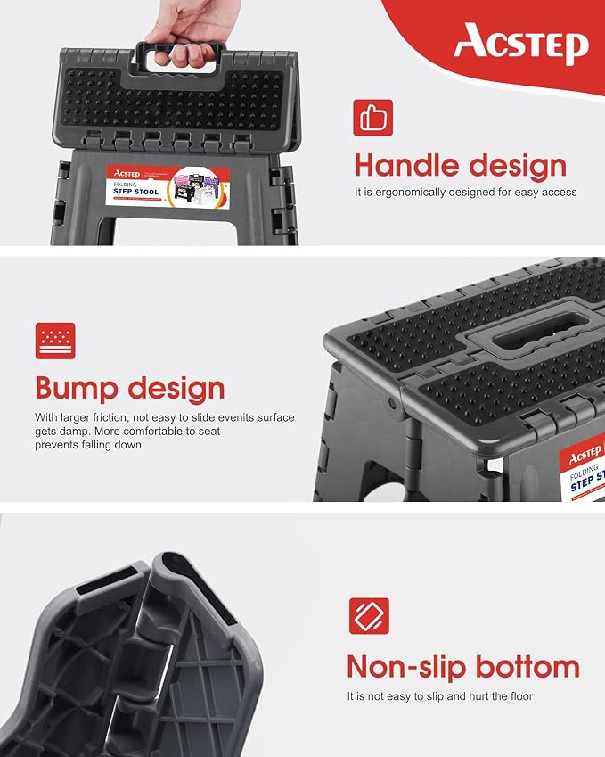 13" Folding Step Stool- Holds up to 300Lb,The Lightweight Non-Slip Upgrade Collapsible Stepping Stool is Sturdy Enough to Support Adults and Safe Enough for Kids(Grey,1 Pack) | Heavy Duty Portable Collapsible Foot Stepping Stool, Holds 300 lb for Kitch... - Image 2