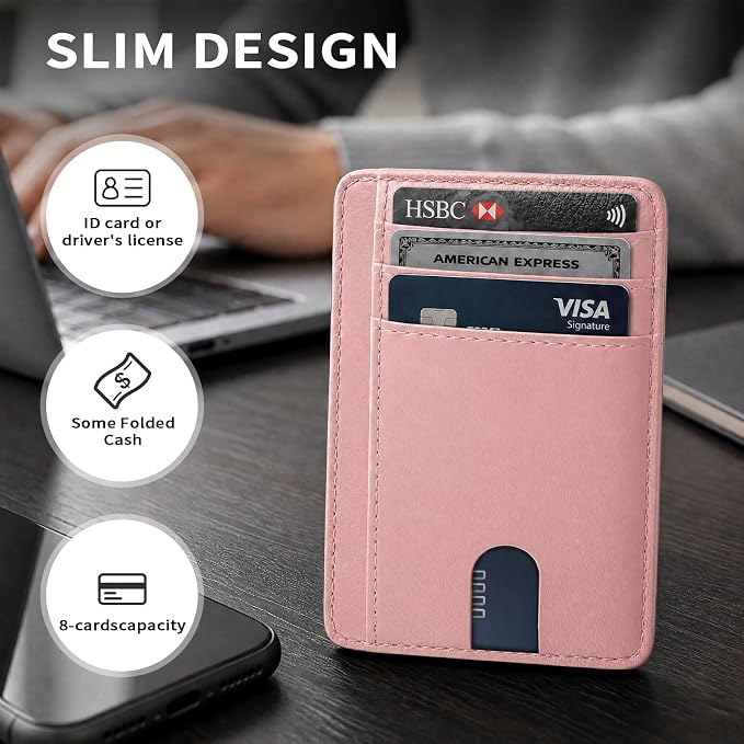 Slim Minimalist Front Pocket RFID Blocking Leather Credit Card Holder, Small Compact Wallet with ID Window for Men and Women (Pink) - Image 6