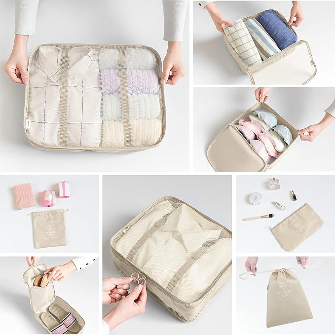 LANSKLBD 6/8 Set Packing Cubes for Suitcases Travel Luggage Packing Organizers,Travel Accessories Essentials Luggage Organizer with Shoe/Tioletry/Laundry Bag (Beige, 8 set) - Image 4
