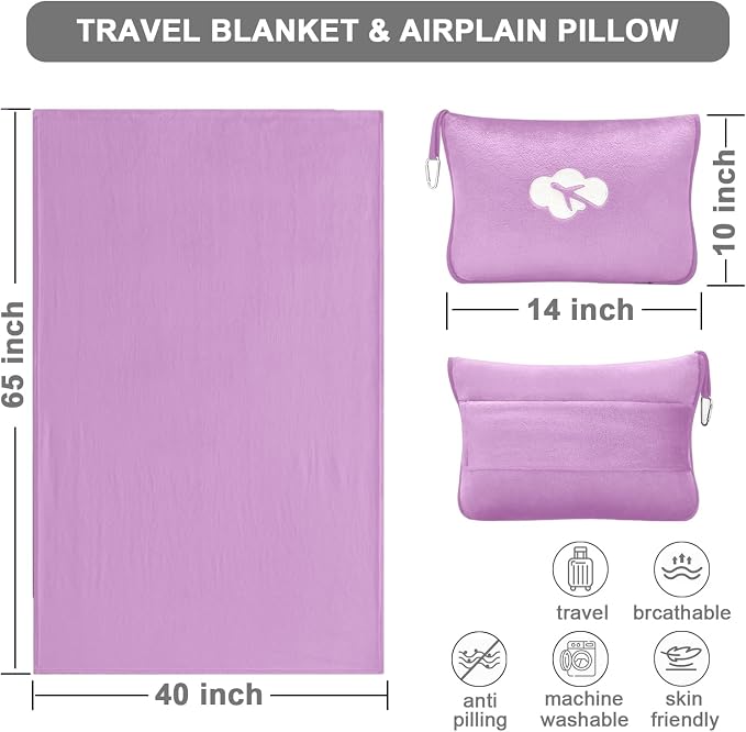 Travel Blanket and Pillow Compact, Premium Soft 2 in 1 Airplane Blanket with Soft Bag Pillowcase，Hand Luggage Sleeve and Backpack Clip (Solid Purple) - Image 3
