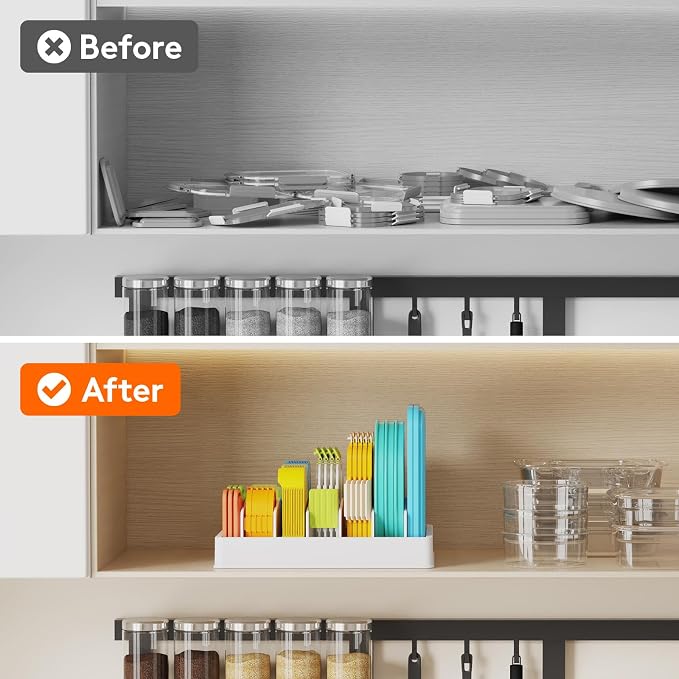 Lifewit Kitchen Cabinet Organizer for Food Contanier Lid with 7 Sections | Lid Holder with 6 Adjustable Dividers for Pantry Organizers and Storage, Home Drawer Organization, White, Large, 13" x 10" - Image 9