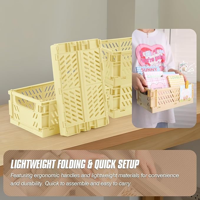 4 Pcs Collapsible Storage Crates, 10x5.9x4 inches Space-Saving Folding Containers, Stackable Plastic Boxes for Home Kitchen Office Bedroom Bathroom, Beige - Image 4