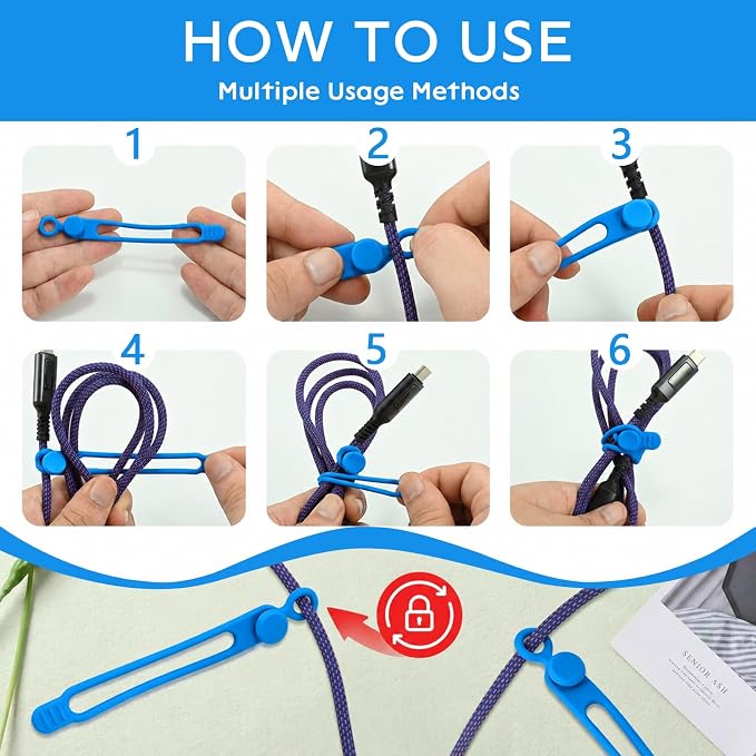 Silicone Cable Ties Reusable, 6 Colors, High Elastic Cord Organizer Ties | 4.2In Cable Management Ties for Bundling and Fastening Various cables, Travel Essentials for Cable Organizer - Image 4