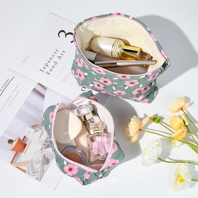 SOIDRAM 2 Pieces Sakura Makeup Bag Large Cosmetic Bag Capacity Canvas Mix Travel Toiletry Bag Organizer Cute Makeup Brushes Aesthetic Accessories Storage Bag for Women, Sakura Mix Green - Image 5