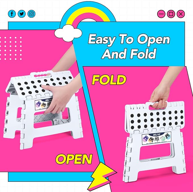 Delxo 9 Inch Kids Step Stool,300 Lbs Folding Step Stool for Toddler White | Foldable Step Stool,Non-Slip Foot Stools with Handle, Lightweight Collapsible Stool for Kitchen,Bathroom,Bedroom,Garden - Image 4