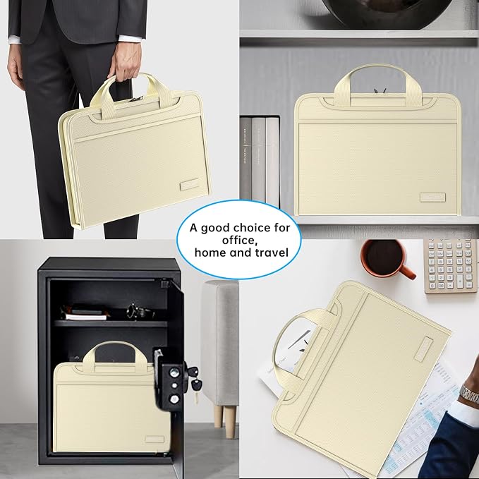 ENGPOW Accordion File Organizer,Fireproof Expanding File Folder with Multi Pockets,13 Pockets Document Organizer Bag with Handle & Labels,Portable Home Travel Safe Storage for Letter A4 Files,Beige - Image 6