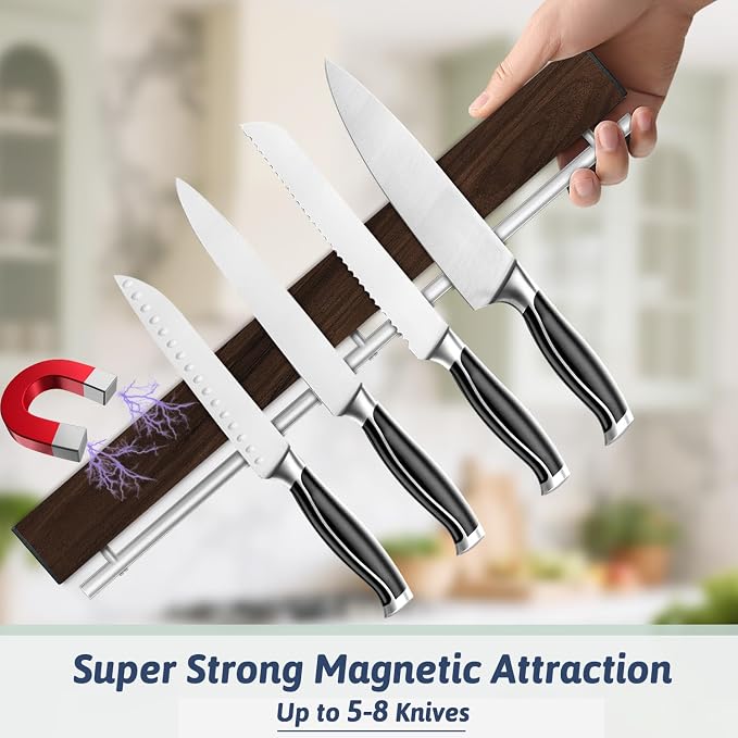 17 Inch Magnetic Knife Holder for Wall - Stainless Steel Magnet Knife Strip No Drill with 10 Hooks/Adhesive Tape/Screws, Wall Mounted Kitchen Utensil Holder, Walnut-Finish Magnetic Knife Organizer - Image 5