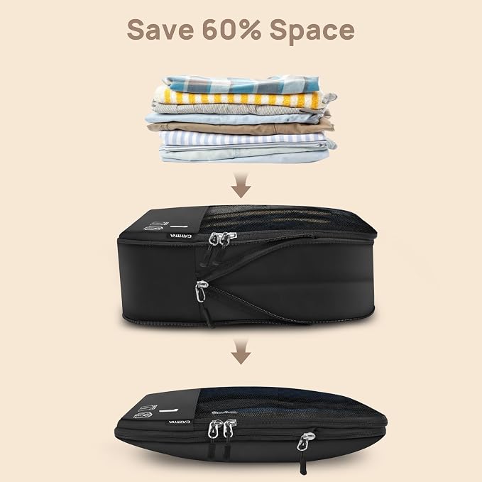 7 Set Compression Packing Cubes for Travel, Luggage Organizer Bags for Suitcases with Mesh Panels, Shoe Bag & Toiletry Bag for Carry On, Vacation & Cruise Essentials (Black) - Image 6