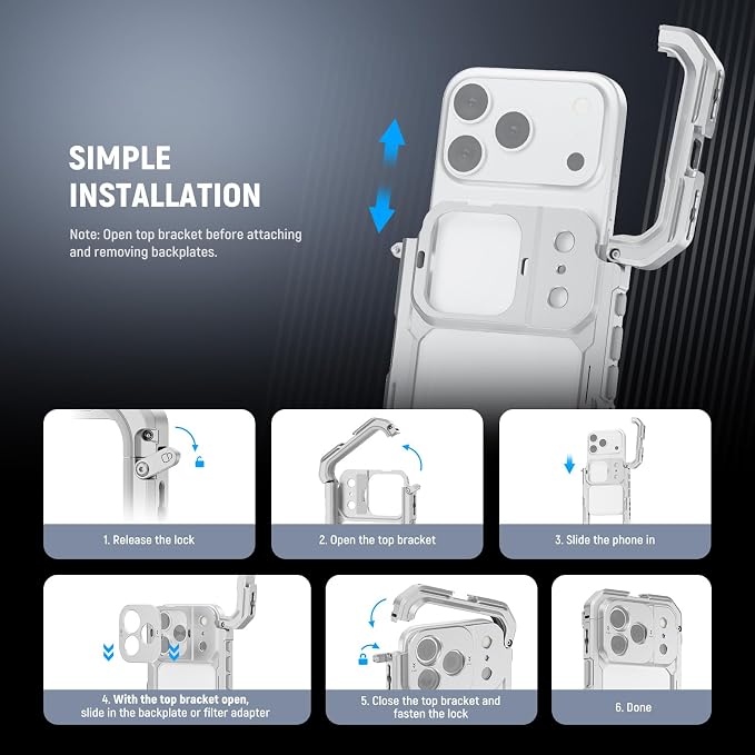NEEWER Phone Cage Compatible with iPhone 17 Pro Max, Quick Release Video Rig Stabilizer Accessories with 67mm Filter Ring, 17mm Lens Backplate, T Mount Adapter, 4X Camera Control Cap, PA144 (Silver) - Image 2