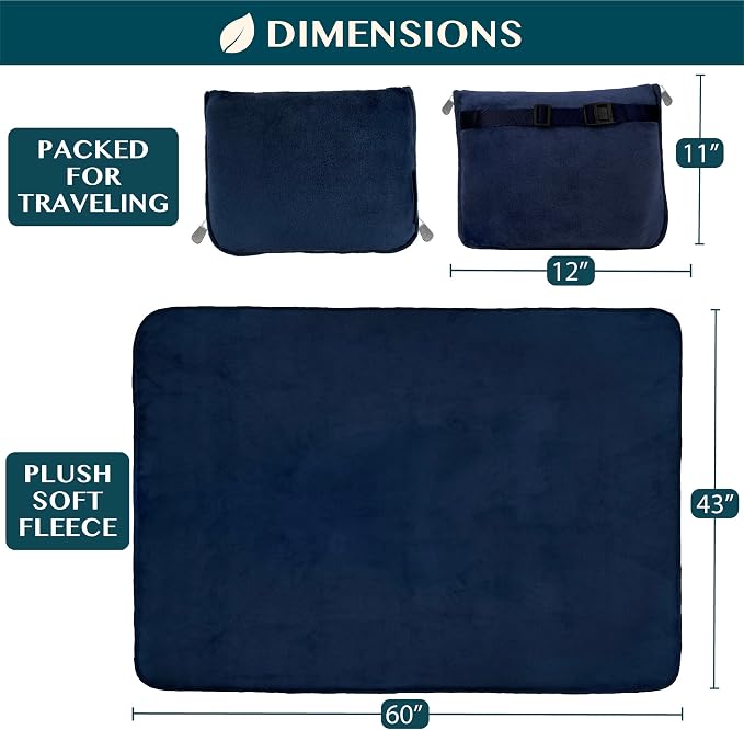 PAVILIA Travel Blanket Pillow, Soft Airplane Blanket 2-IN-1 Combo Set, Plane Blanket Compact Packable, Flight Essentials Car Pillow, Travelers Gifts Accessories Luggage Backpack Strap, 60x43 Navy Blue - Image 6