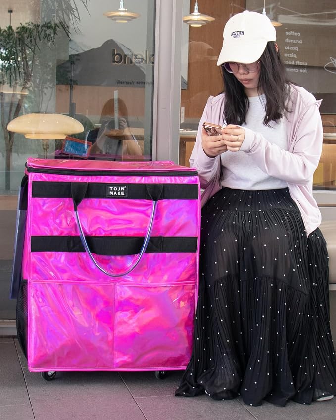 Reusable Grocery Bag with Wheels (Large, Glitter Pink), Shopping Trolley with 8 Pockets and Zipper Cover Foldable Rolling Tote for Women, Kitchen, Travel, Carries Up to 76LBS - Image 4