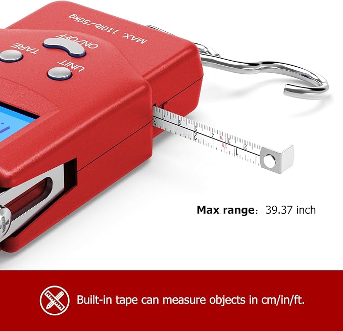 Dr.meter Fish Scale, 110 lb Digital Luggage Scale with Tape | 110 lb Capacity, Backlit LCD, Built-In Tape, Includes 2 AAA Batteries, Compact Pocket Size - Image 3