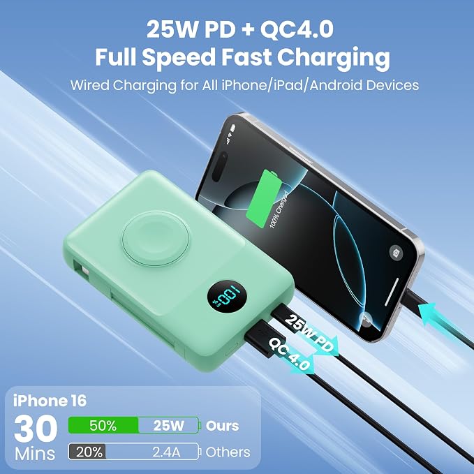 Magnetic Portable Charger 10800mAh with Built-in Cables,Wireless Power Bank for Magsafe,25W PD Fast Charging USB-C Travel Essentials Battery Pack for iPhone 17/16/15/14/13/12 Series,Apple Watch-Green - Image 4