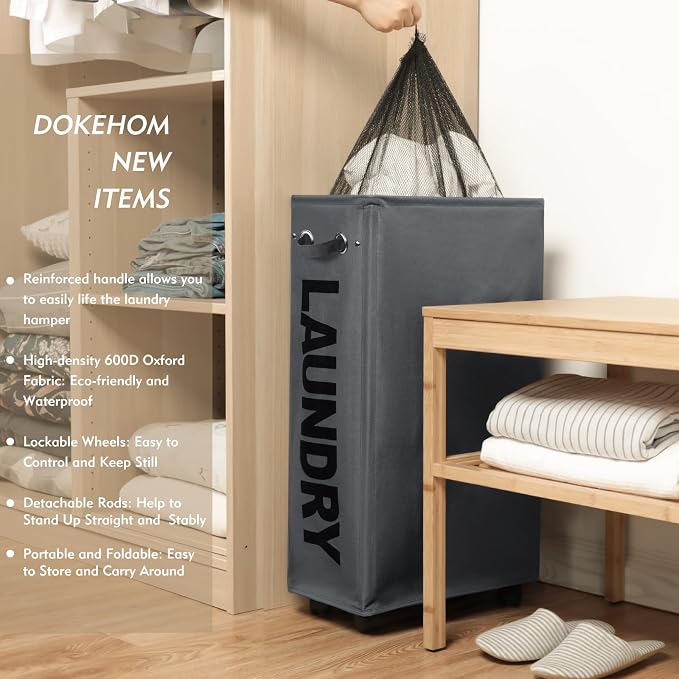 DOKEHOM 29" Enlarged Slim Rolling Laundry Basket Hamper on Wheels, Grey | Collapsible tall laundry hamper with removable mesh wash bag. Foldable narrow corner clothes storage bin for small spaces - Image 2