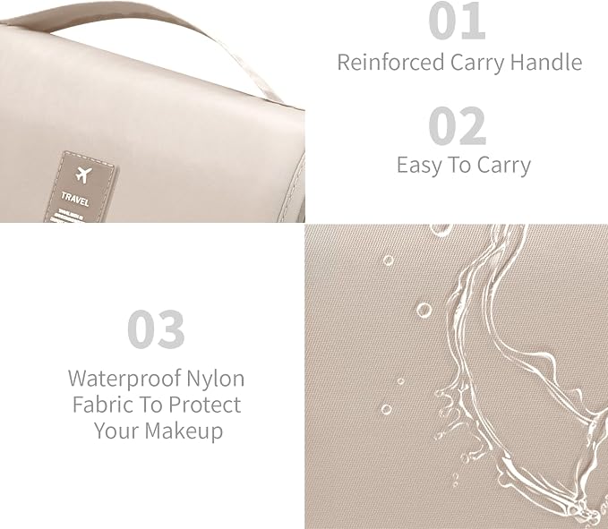 Lcsmaokin Large Capacity Toiletry Bag Travel Bag with Hanging Hook for Men and Women Waterproof Travel Cosmetic Bag Bathroom Storage Bag for Brushes Set, Full-Sized Shampoo,Accessories(Beige) - Image 4