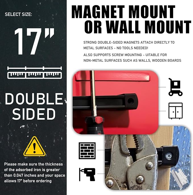 17 Inch Double Sided Magnetic Tool Holder, Heavy Duty Wall Mount Bar with Extra Strong Magnets for Screwdrivers Wrenches Pliers, Magnetic Tool Strips for Garage Workshop or Jobsite (2 Pack) - Image 3