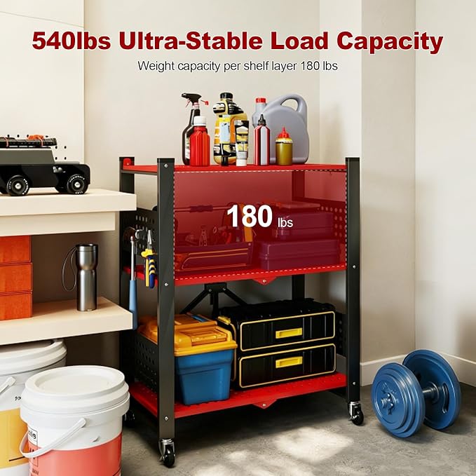 3-Tier Folding Shelf with Roller Casters for Storage Required. | Heavy-duty steel folding shelf Side Pegboard Construction Garage Shelves, Red And Black Perforated Shelves, No assembly - Image 5