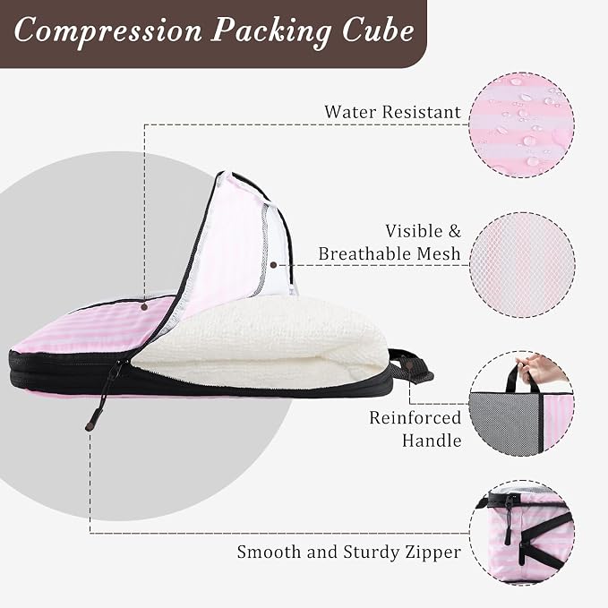 U+U 10 Set Compression Packing Cubes, Travel Organizers (Pink Stripe) | Space-Saving & Complete Travel Set - Image 3
