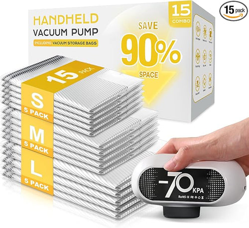 15 Pack Travel Vacuum Bags with Electric Pump, 70KPa Vacuum Storage Bags for Clothing, Reusable Space Saver Bags for Suitcase, Travel & Home Storage, Plaster White by SNOCOD