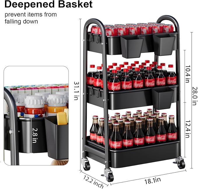 Heavy Duty 3 Tier Rolling Cart Metal with Wheels,Three Tiered Rolling Carts | Black Utility Storage Roller Shelf Organizer on Wheels for Baby, Art, Craft, Snack, Cleaning Caddy, Dorm, Bathroom, Bedside - Image 9
