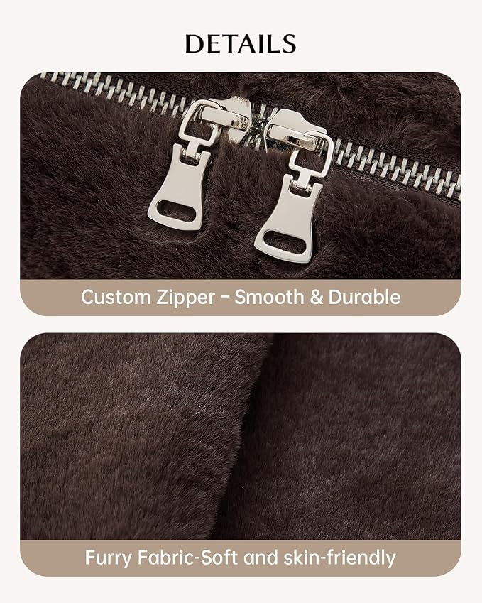EACHY Travel Makeup Bag for Women, Faux Fur Cosmetic Bag, Brown, Medium | Faux fur bag with flat-open access, inner storage and clear TPU brush pocket for makeup, toiletries and travel essentials - Image 5