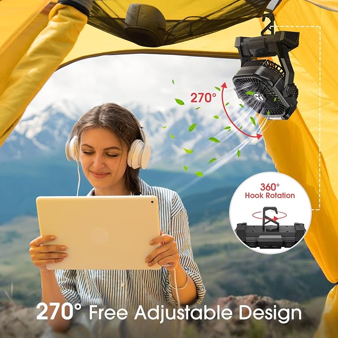 Portable Fan Rechargeable 20000mAh Cordless Battery Powered Camping Fan | with LED Lantern, Small Table Fan, USB Battery Operated Fans for Travel Bedroom Home Camping Tent Office Beach Desk Black - Image 3