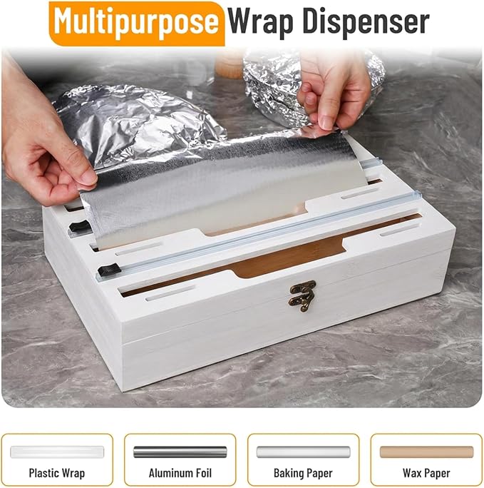 Allinside Magnetic Plastic Wrap Dispenser with Cutter, 3 in 1 Refrigerator Bamboo Wood Organizer for Tin Foil, Baking, Wax Paper Holder Kitchen Storage Box Compatible with 12.9" Roll, White (3 Layer) - Image 5