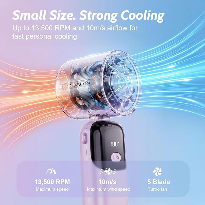 5000mAh Portable Handheld Fan, USB-C Rechargeable Mini Fan with 100 Speeds | Up to 12H Runtime,Turbo Strong Airflow, LED Display,Foldable Desk & Neck Fan for Outdoor Travel, Summer Gifts - Image 5