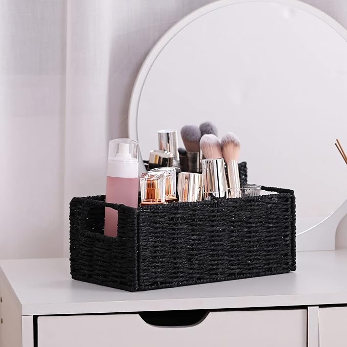 Wicker Storage Basket, Set of 2 Hand-Woven Paper Rope Wicker Basket, Small Storage Baskets for Organizing Toilet Paper Basket, Foldable Large Cube Storage Organizer Bins for Shelves (Black) - Image 7