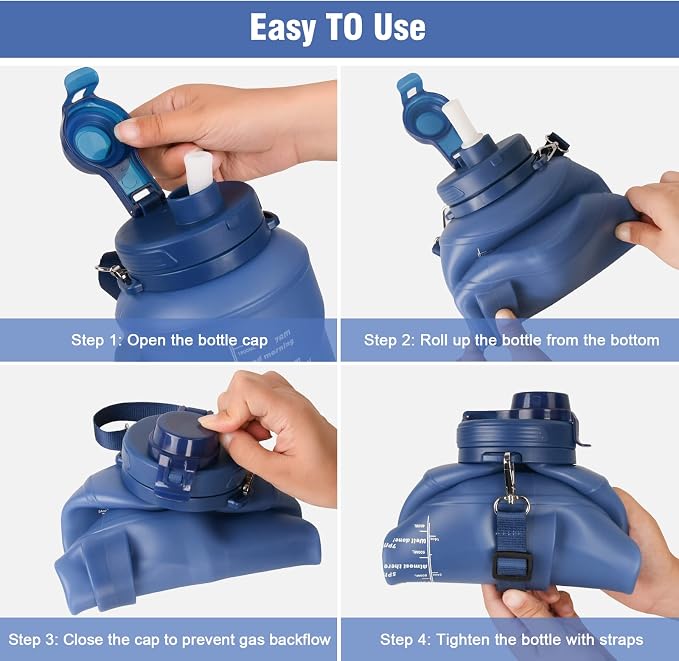 Collapsible Water Bottles, 2L/64OZ travel water bottle Bottle with Straw, Half Gallon Large Water Bottle for Travel Outdoor Sports Runing Fitness Yoga (Upgraded blue) - Image 7