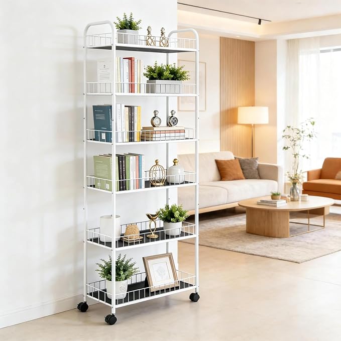 10in 6 Tier Slim Storage Cart with Wheels,White Narrow Space Rolling Shelving Unit, Metal Wire Mobile Organizer Rack for Kitchen Bathroom Office Laundry - Image 3