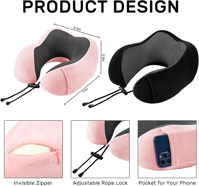 urnexttour Neck Pillow Airplane Travel Pillow 2 Pack Black and Pink | Memory Foam Soft Support Travel Neck Pillow for Travelling, Sleeping Rest, Car, Train and Home Use - Image 6