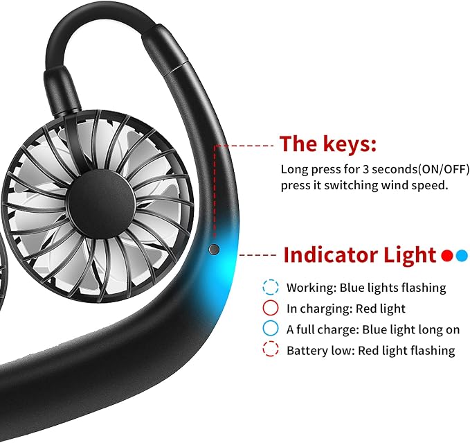 JUANANIUG Portable Neck Fan Rechargeable Personal HandFree Fan Mini USB Wearable Neckband Sport Fan 3 Speed Adjustable 360 Degrees Rotation Perfect for Working Traveling Office Reading (Full Black) - Image 6