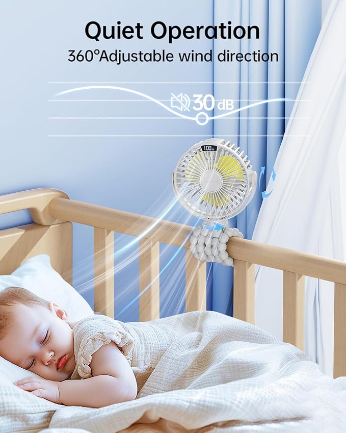 SWEETFULL Portable Stroller Fan with LED Display, 4 Speed Rechargeable Mini Clip On Fan, 360° Rotate Flexible Tripod Better Cooling Small Baby Fan for Car Seat Crib Travel Bike Treadmill (White) - Image 5