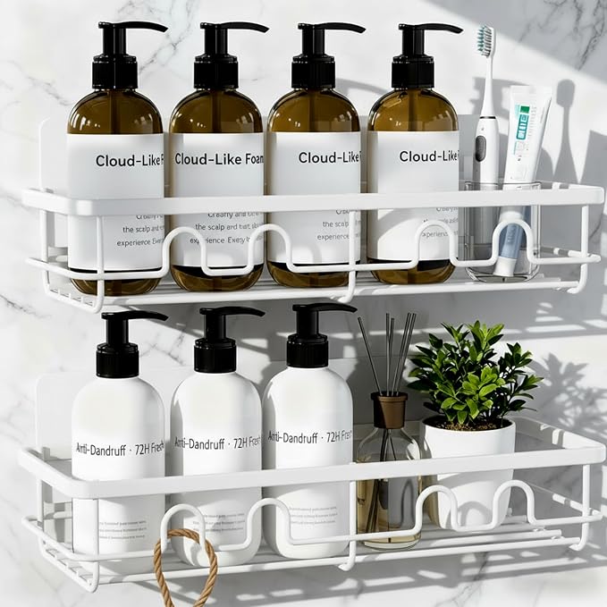 Adhesive Shower Caddy, Large Capacity Shower Racks for Inside Shower, No Drill Bathroom Shower Organizer and Storage, 2 Pack White Bathroom Shelves, Home Decor Rv Accessories, Apartment by Dimyno