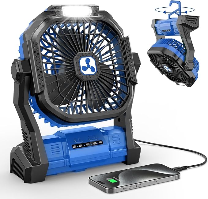 Portable Fan Rechargeable 20000mAh Cordless Battery Powered Camping Fan | with LED Lantern, Small Table Fan, USB Battery Operated Fans for Travel Bedroom Home Camping Tent Office Beach Desk Blue by OnlyNewforYourLife