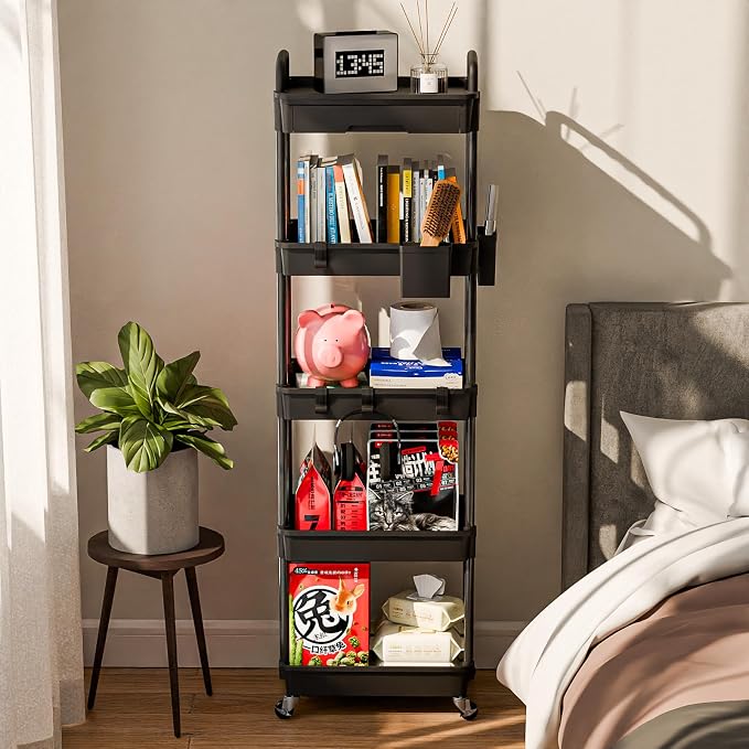 Sorgion 5 Tier Rolling Cart Organizer,Bathroom Cart Organizers with Wheels Laundry Room Organization Mobile Shelving Unit Utility Cart Storage Shelves Multi-Functional for Office, Home(Black) - Image 2