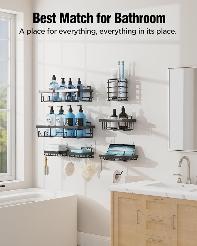 Shower Caddy 7 Pack, Adhesive Bathroom Shower Organizer for Bathroom Storage, No Drilling Large Capacity Rustproof Stainless Steel Shower Shelves Rack for Bath, Black - Image 8